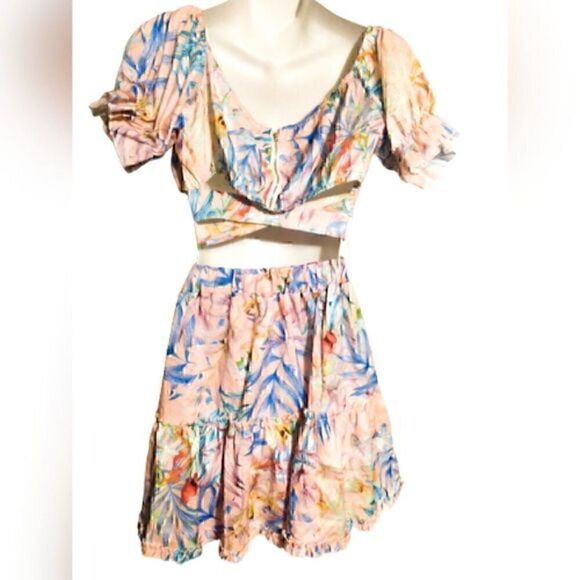 Off Shoulder Floral Print Top & Frill Hem Skirt Set Women Sets 2 Piece Set  XL - Picture 4 of 5